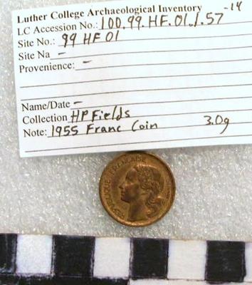 1969.002.00301; coin - 10 francs 1955