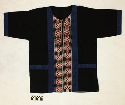 E1428: Hmong Clothing, Shirt with cross stitch embroidery, snail motif.