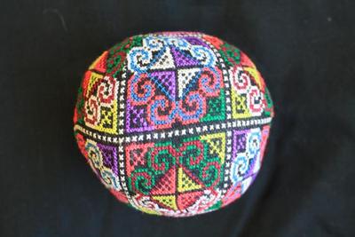 E1438: Hmong Courtship Ball, Cross Stitched, elephant foot motif