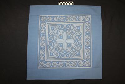 E1445: Hmong-blue and grey reverse applique pandau; heart motif