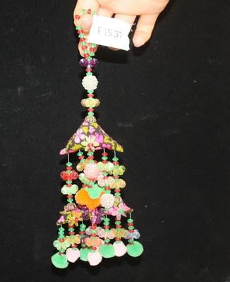 E1537: Hmong Ornament, Two-Tiered, Fabric Triangles, Pom-Poms and Colorful Beads